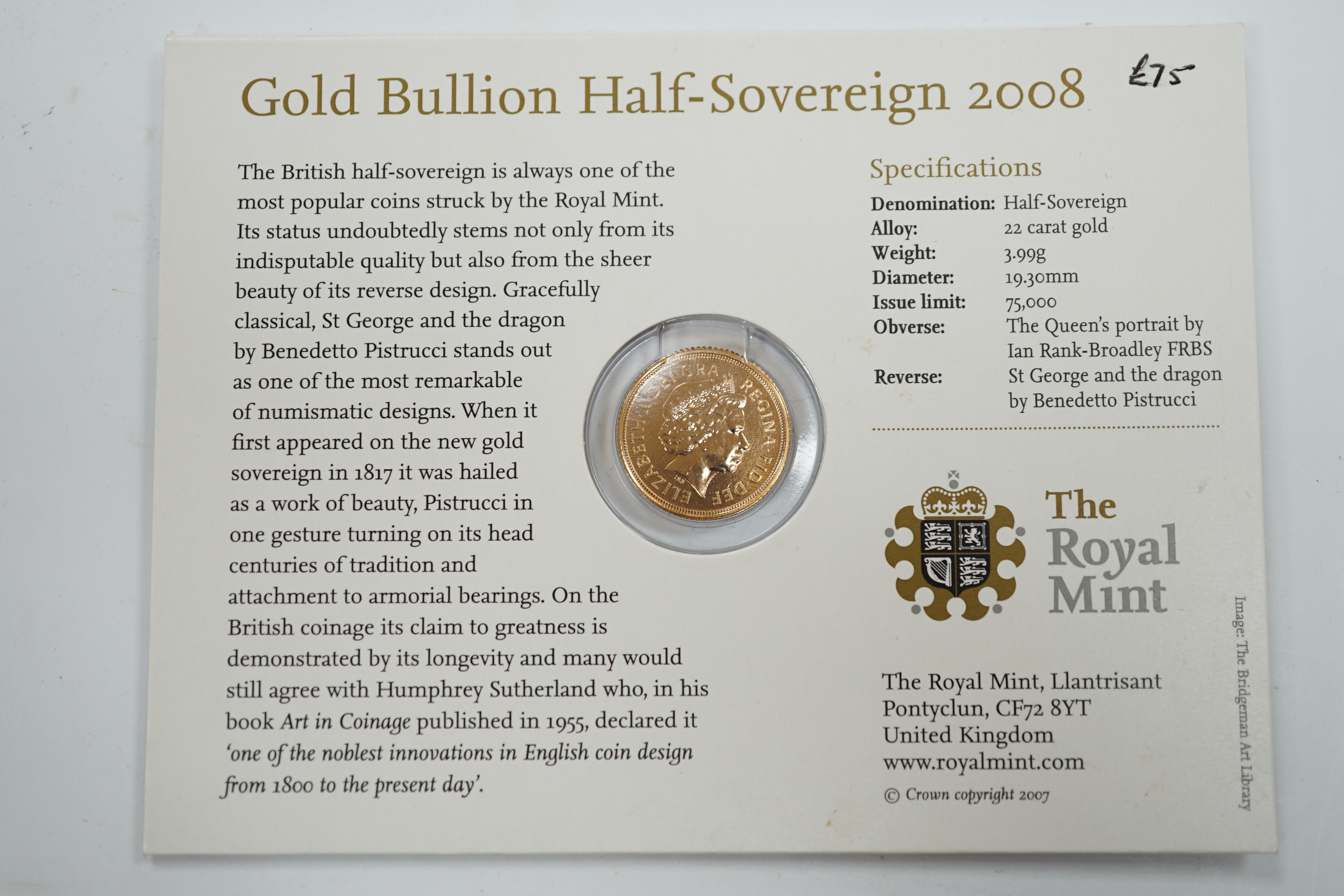 British gold coins, Elizabeth II, 2008 gold bullion half sovereign St. George & The Dragon, BUNC, Royal Mint card